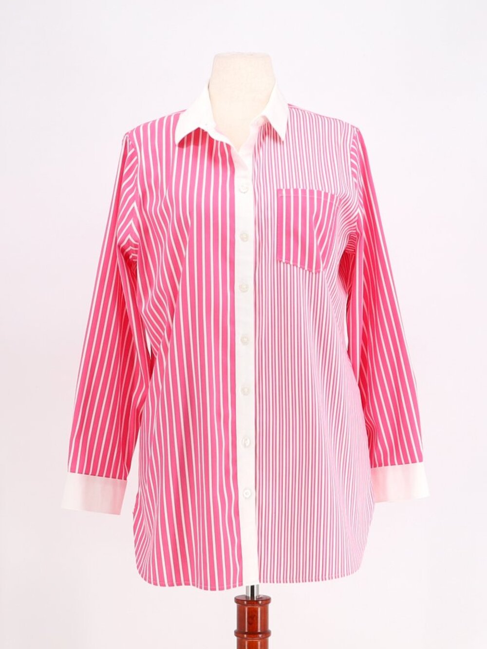 CHICO'S No Iron Stretch Stripe Tunic Shirt 3/4 Sleeve Pink & White Size 2/US 12